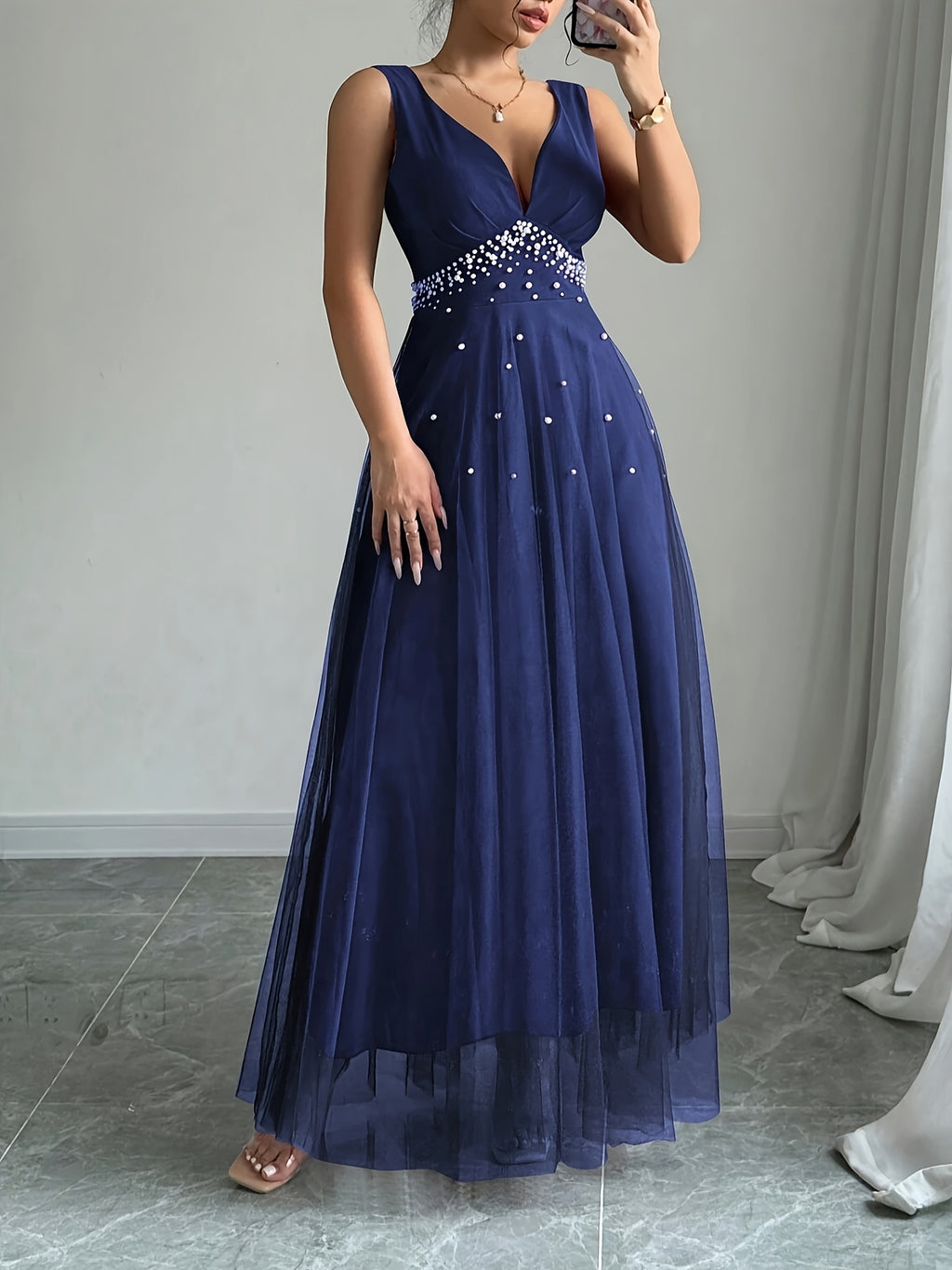 Elegant Women's Heart-Neckline Pearl Spandex Mesh Banquet Flared Long Dress, Elegant Party Dress for Spring/Summer, Suitable for Parties, Dinners, and Weddings, High-Quality Evening Gown, Modern, Elegant, and Chic Women's Long Party Dress - Blue