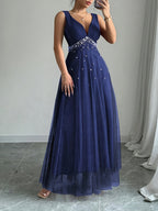 Elegant Women's Heart-Neckline Pearl Spandex Mesh Banquet Flared Long Dress, Elegant Party Dress for Spring/Summer, Suitable for Parties, Dinners, and Weddings, High-Quality Evening Gown, Modern, Elegant, and Chic Women's Long Party Dress - Blue