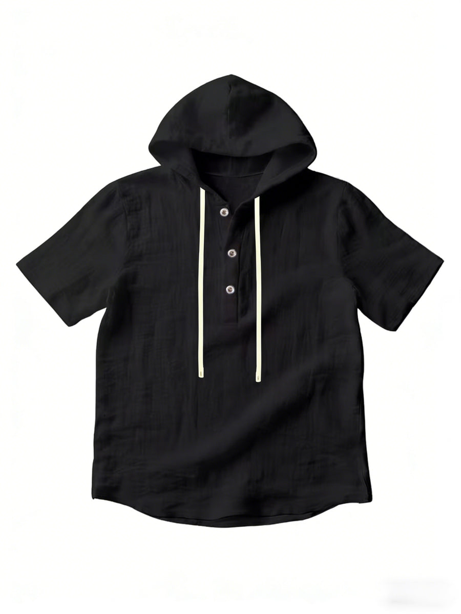 Summer New Arrival Men's Hooded Short Sleeve T-Shirt, Half Sleeve with Drawstring Design, Casual Top, Base Layer, Home and Outdoor Wear, Trendy Top, Vintage Simple Design Short Sleeve, Ideal Gift - Black