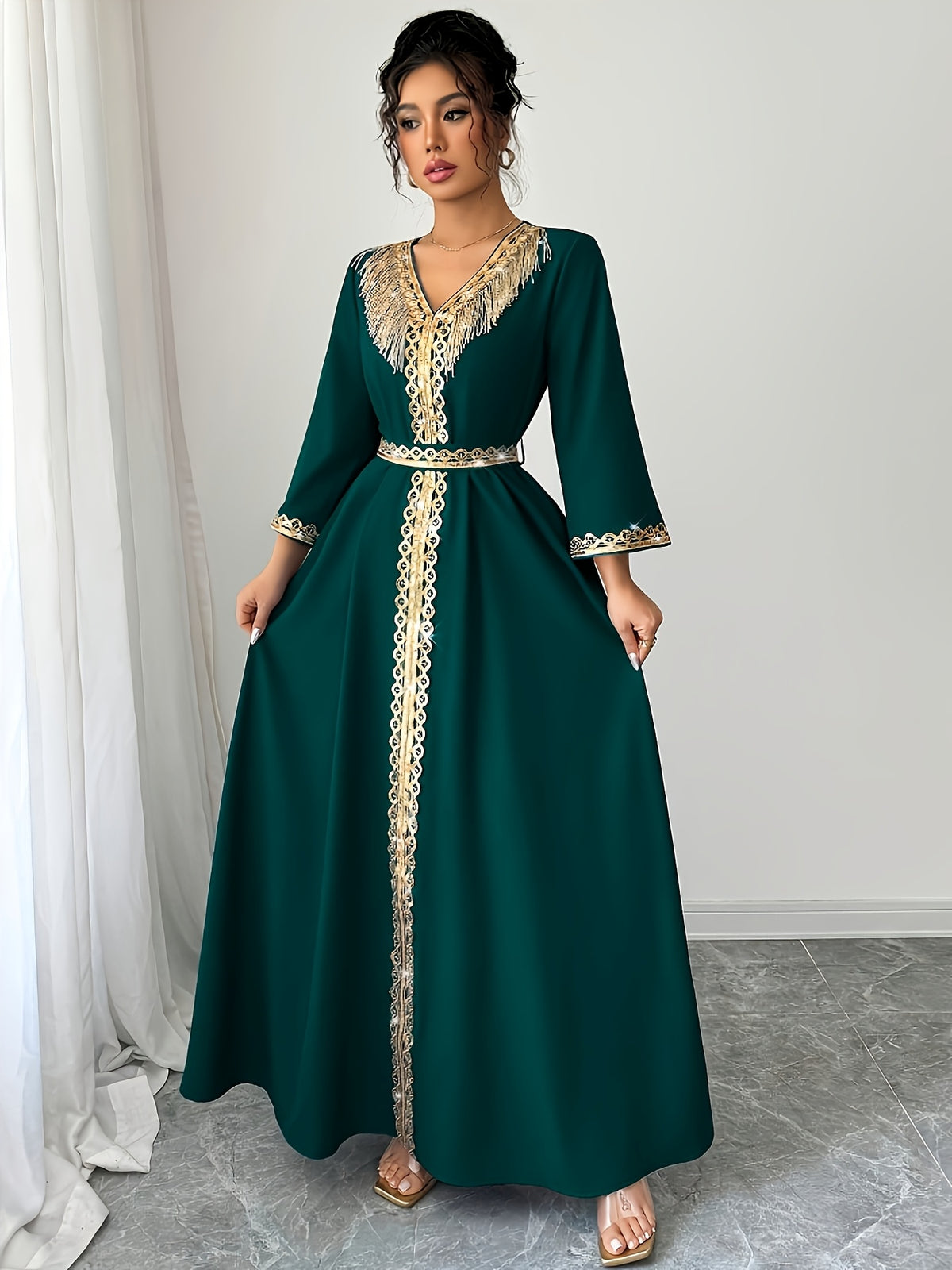 Retro Color Block Stitching V-Neck Dress - Dark Green