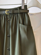 Easy High-Waist Half Skirt Women'S New Elastic Waist Button Decor A-Line Mid-Length Coverage Large Pocket Design Commute Casual Skirt with Belt - Military green1