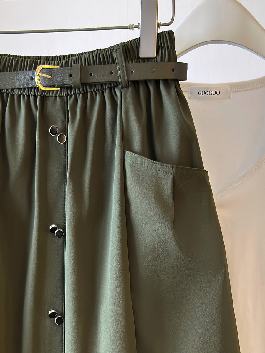 Easy High-Waist Half Skirt Women'S New Elastic Waist Button Decor A-Line Mid-Length Coverage Large Pocket Design Commute Casual Skirt with Belt - Military green1