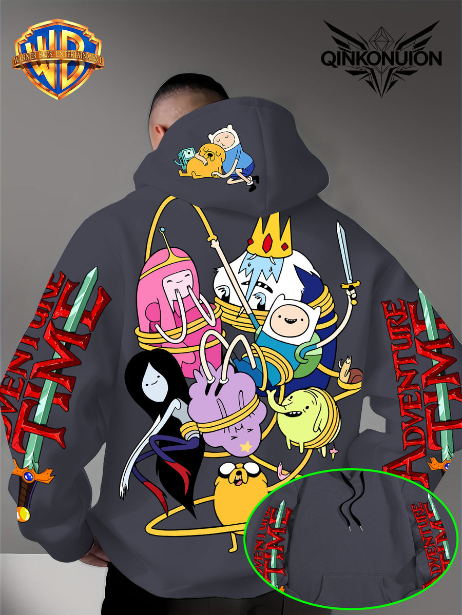 Warner Official Men's Hooded Sweatshirt, Adventure Treasure Rope Wrapped Character Group Cartoon Print Design, Machine Washable, Warm and Casual for Autumn and Winter, Daily Drawstring Hooded Sweatshirt, Multifunctional Sports and Casual Loose Fit - Dark Gray