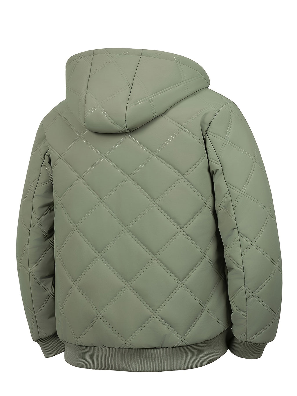 New Autumn/Winter Men's Diamond Stitch Hooded Padded Coat, Plush -Lined Thickened Outerwear, Outdoor Hiking Cold-Proof Warm Windproof Zipper Pocket Padded Coat - Military Green