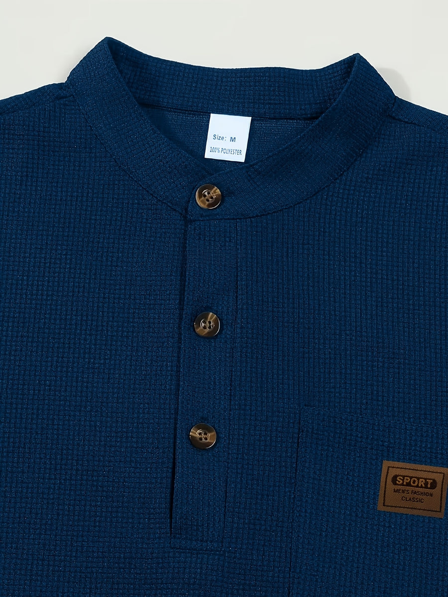 Josh Mei Selection: 2026 New Men's Stand Collar Waffle Texture Long Sleeve Shirt, Three-Button Half Open Lapel with Pocket, Lightweight and Comfortable Basic Top for Daily Outings - Navy Color