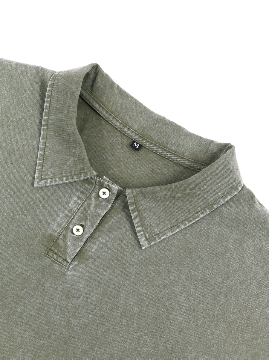 New American Hip-Hop Punk Style Washed Black Short Sleeve Lapel Loose Polo T-Shirt for Men And Women - Retro Distressed Design, Lightweight And Breathable Fabric, Streetwear Trendy Loose Polo Top, Suitable for Casual Wear And Outdoor Activities - fern green