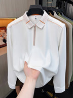 Men'S Clothing Golf Fishing Tennis Sports Solid Color Long Sleeve Lapel Polo Shirt New Long Sleeve T-Shirt Men Half Zip Seamless Polo Shirt Business Menswear Spring Autumn Casual Top Zip Lapel Tee Loose Daily Wear for Middle-Aged Men - White