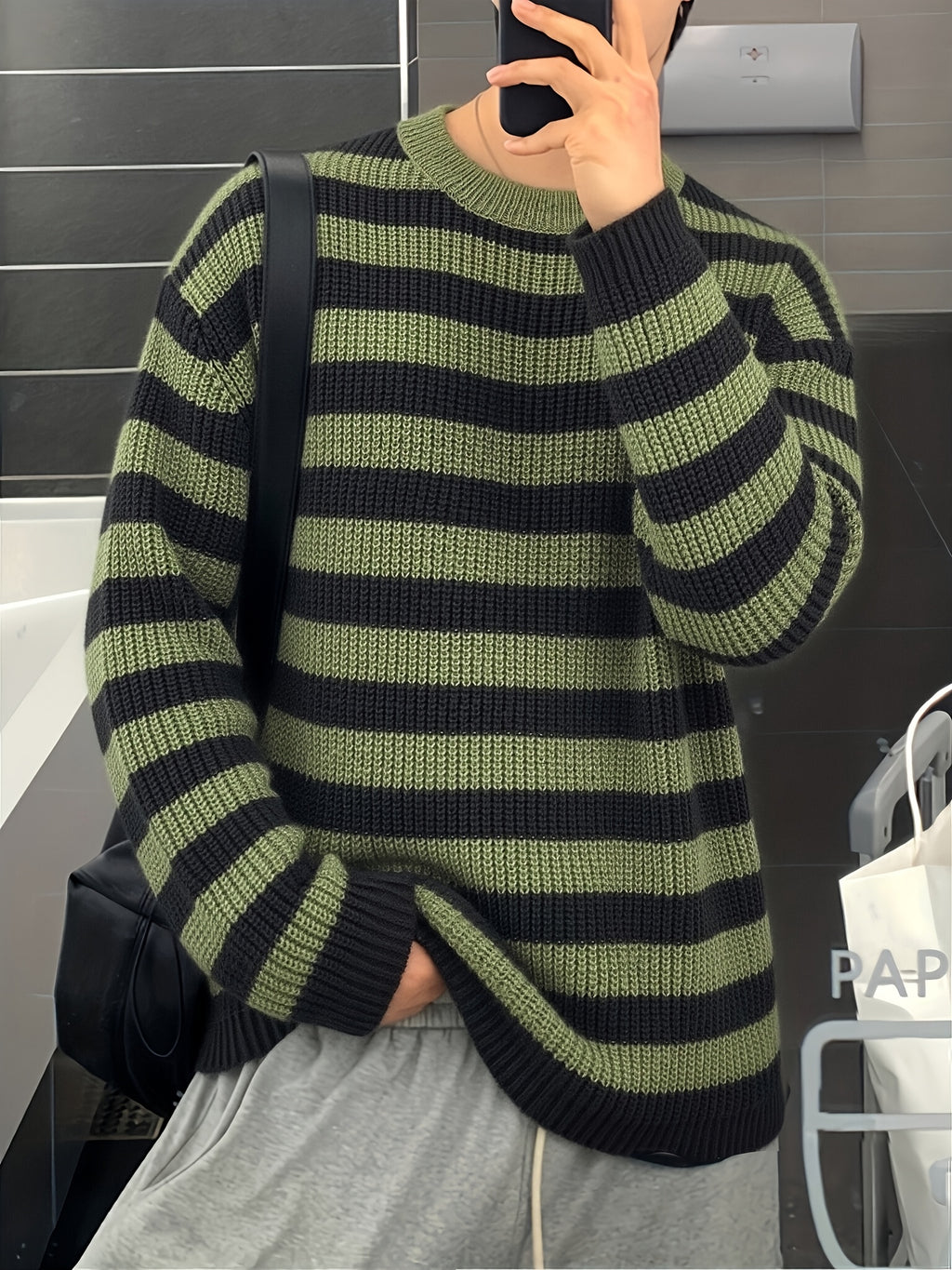 Spring/Autumn New Trendy Fashion Versatile Casual Men'S Knit Pullover Sweater, Easy Lazy Style Striped Aesthetic Casual Round Neck Sweater Long Sleeve, Office School Commute Vacation Street Dance Outfit - Olive Green Color