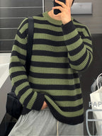 Spring/Autumn New Trendy Fashion Versatile Casual Men'S Knit Pullover Sweater, Easy Lazy Style Striped Aesthetic Casual Round Neck Sweater Long Sleeve, Office School Commute Vacation Street Dance Outfit - Olive Green Color