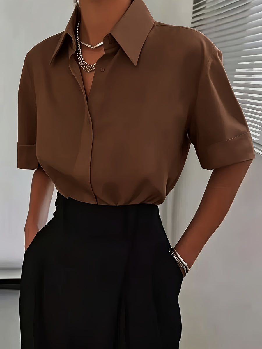 Women's Solid Color Elegant Neckline Short Sleeve Shirt - Coffee Brown