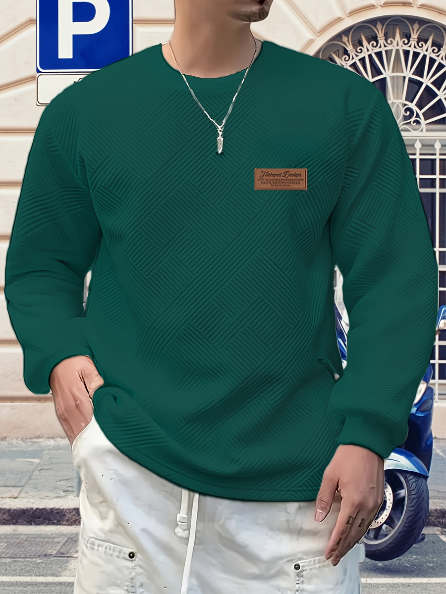 Men's Gift, Men's Fashion Heavyweight Jacquard Crew Neck Long Sleeve Sweatshirt, Casual and Comfortable Top for Spring and Autumn, Daily Outings - Dark Green