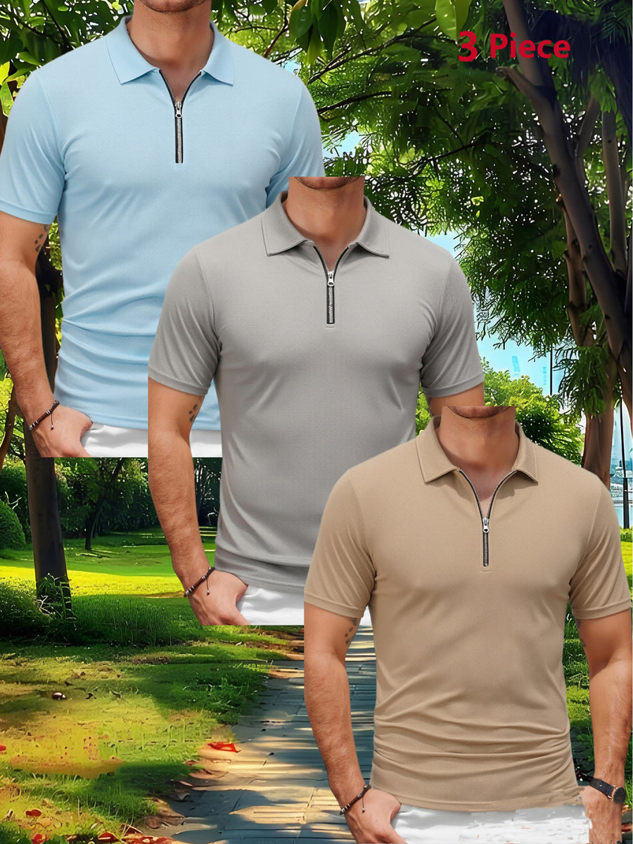 Three-pc Men's Sporty Outdoor Casual Lapel Solid Color Breathable Polo Shirts for High-End Occasions - Light Blue+Light Gray+Khaki