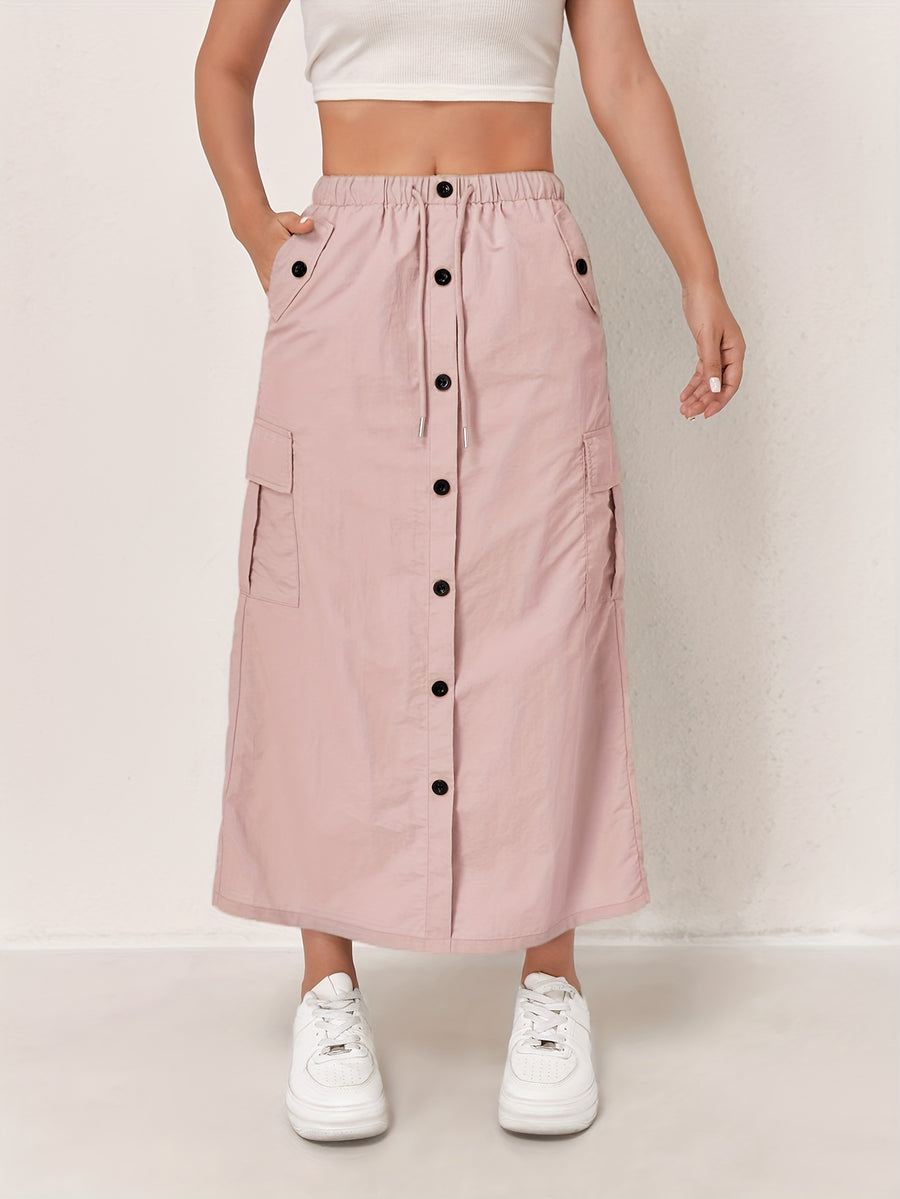 Outdoor Quick-Dry Cargo Skirt Button Design High-Waist Casual Women'S Half Skirt Multi-Pocket Machine Washable Mid-Length Dress - Pink