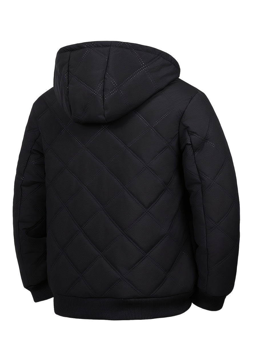 New Autumn/Winter Men's Diamond Stitch Hooded Padded Coat, Plush -Lined Thickened Outerwear, Outdoor Hiking Cold-Proof Warm Windproof Zipper Pocket Padded Coat - Black