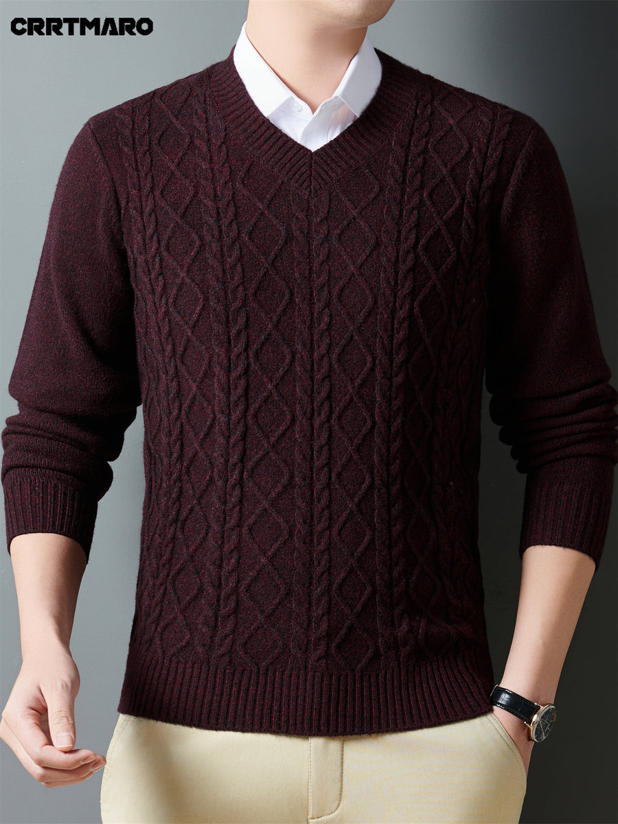 Cartama CRRTMARO Autumn/Winter Knitted 3D Solid Color V-Neck Sweater, Basic Thickened Pullover, Men's Fashion Knitwear Long Sleeve HH - Fuchsia