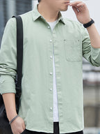 [Uomo Le Mi OBM] 1pc Spring/Autumn New Men'S Formal Shirt, Solid Color Lapel Pocket Open-Front Long Sleeve Shirt, Men'S Business Casual Fashion Versatile Shirt Jacket, Suitable for Spring And Autumn Single Wear Or Outerwear, Fits Daily And Casual - Lake Green