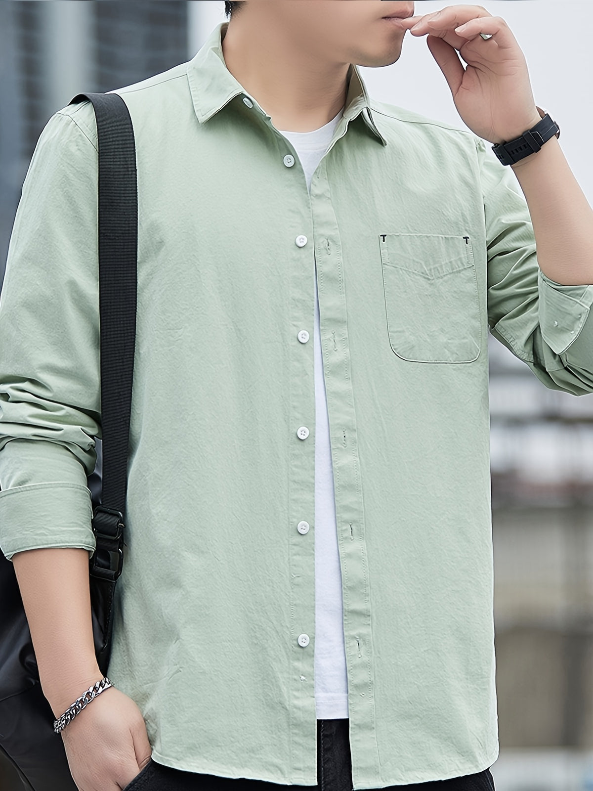 [Uomo Le Mi OBM] 1pc Spring/Autumn New Men'S Formal Shirt, Solid Color Lapel Pocket Open-Front Long Sleeve Shirt, Men'S Business Casual Fashion Versatile Shirt Jacket, Suitable for Spring And Autumn Single Wear Or Outerwear, Fits Daily And Casual - Lake Green
