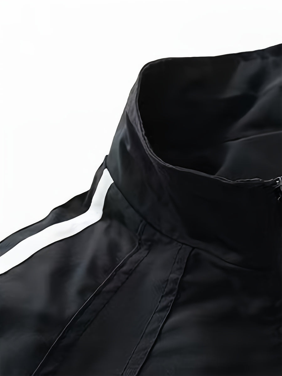 A Spring-Autumn Men'S Multi-Pocket Striped Sports Coat, a High-Quality School-Style Dress Shirt with a Campus Feel, a Comfortable Casual Windproof Jacket for Daily Use, a Stylish Bold Stripe Design for Street Fashion, And an Affordable Jacket - Black