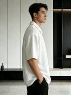 Men'S Summer New Premium Loose Short Sleeve Half-Zip Collar Polo Shirt Jacquard Short Sleeve T-Shirt - White