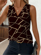 Women's V-neck Black and Golden Geometric Line Print Sleeveless Top - Mixed colors