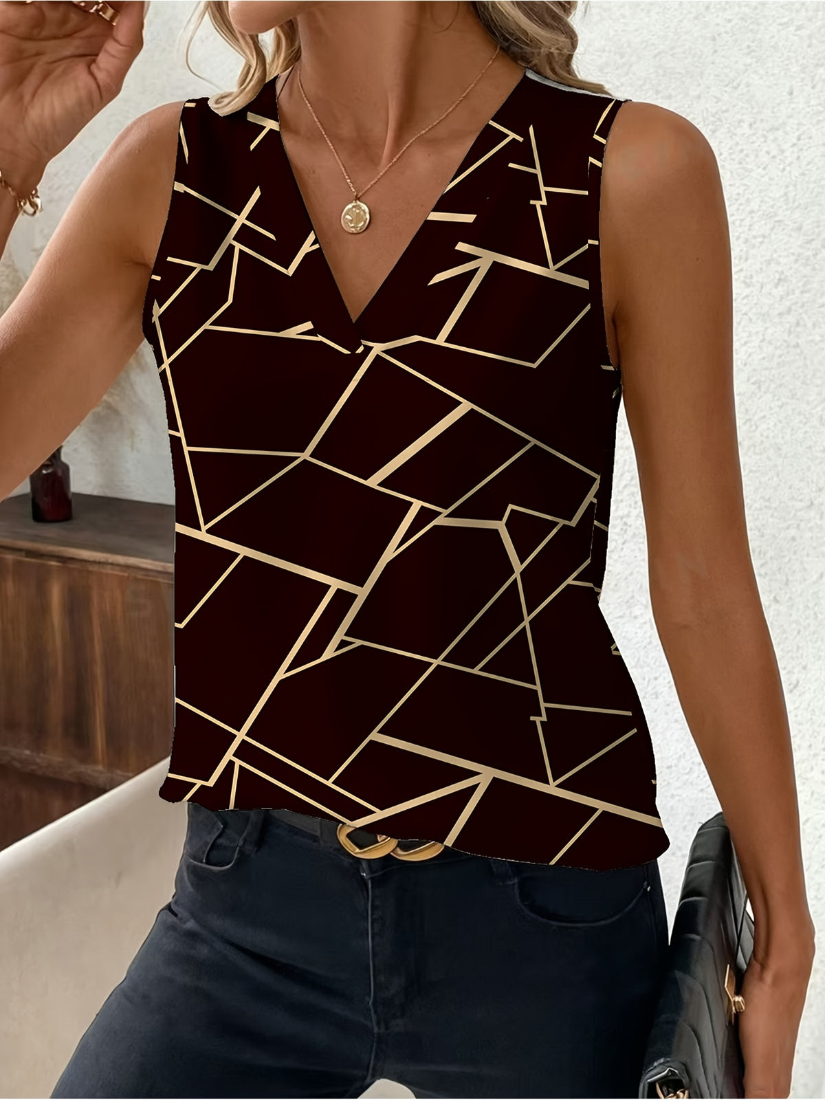 Women's V-neck Black and Golden Geometric Line Print Sleeveless Top - Mixed colors