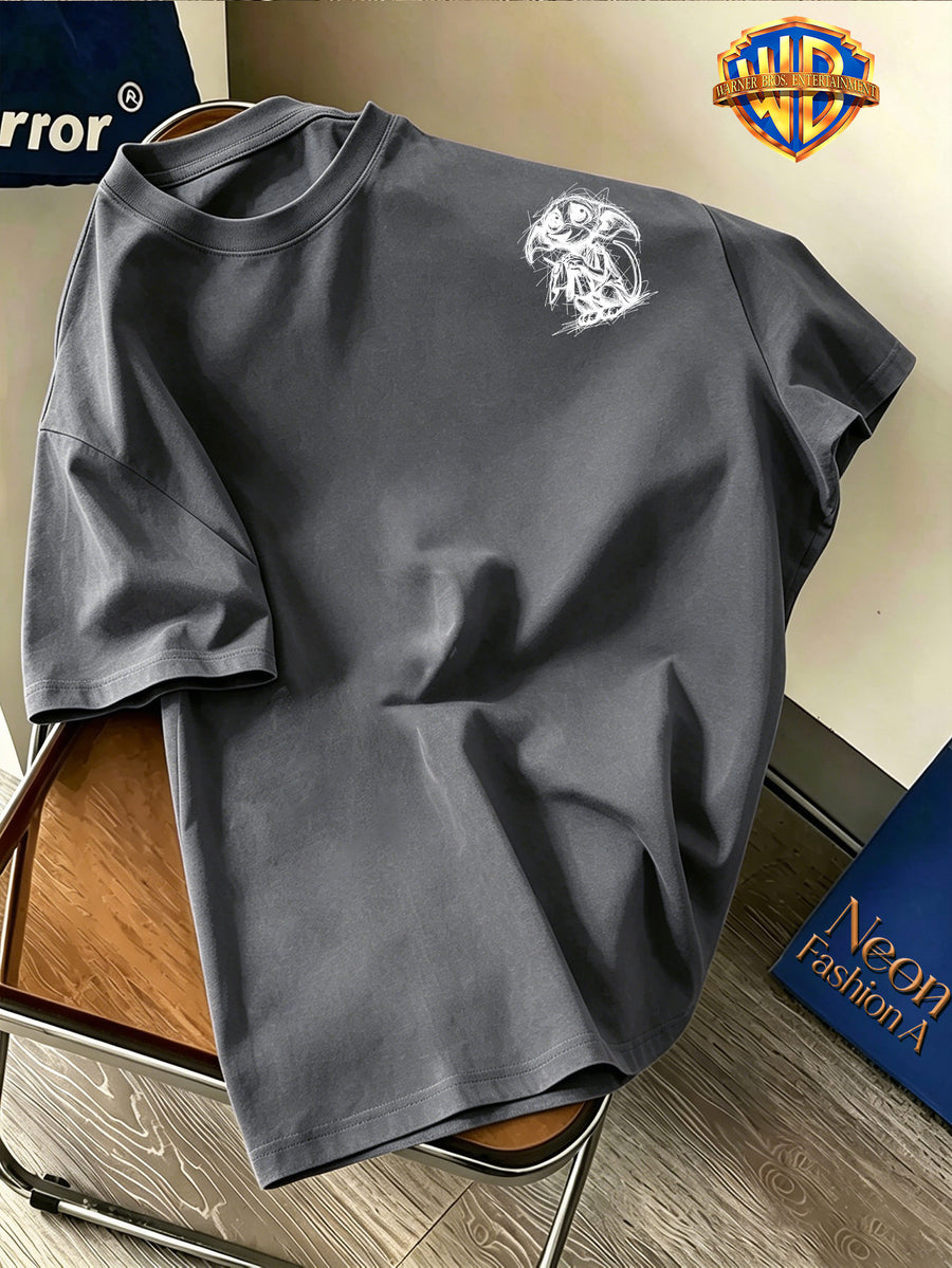 Halloween Back-to-School Season Men's Pure Short-Sleeve T-Shirt, Officially Licensed Warner Bros. Doodle Line Art Dobby Print, Versatile Casual Spring/Summer Regular Fit Top, Breathable and Skin-Friendly, Suitable for Daily Outings, Outdoor Leisure - Dark Gray