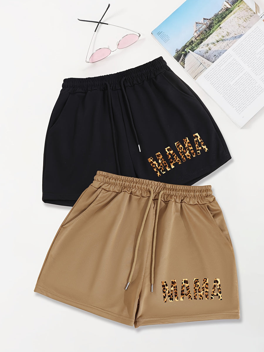 2pcs,Letter Print Drawstring Shorts, Casual Shorts, Women's Clothing - Brown+black