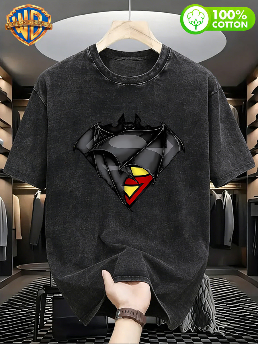 Men'S Loose DC Crossover T-Shirt "Batman And Superman Logo", Men'S 100% Washed Casual Comfortable All-Match Loose Summer Short Sleeve T-Shirt, Suitable for Outdoor Wear, Gym, Office, And Daily Fashion - Black