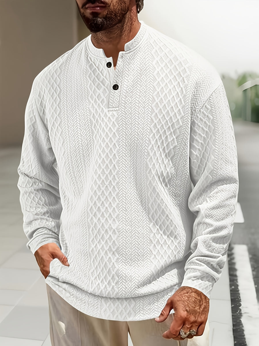 Men's New Autumn/Winter Jacquard Two-Button Casual Crew Neck Sweatshirt - White