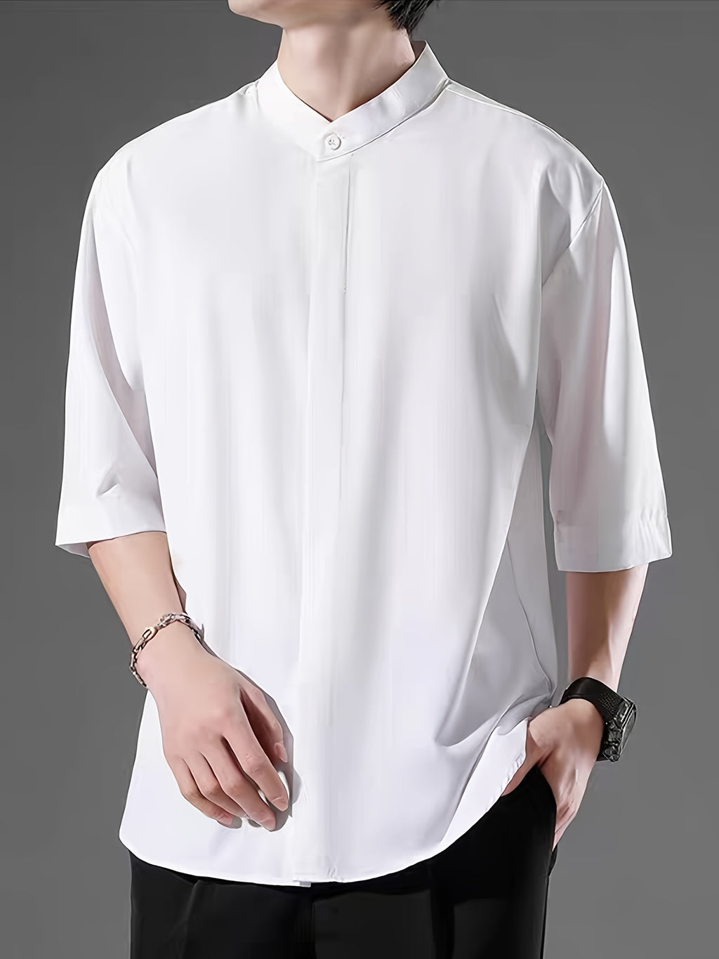 New Chinese Style Standing Collar Men's Shirt, Comfortable and Skin Friendly with Mid Sleeves, Simple and Versatile Men's Casual Shirt - White