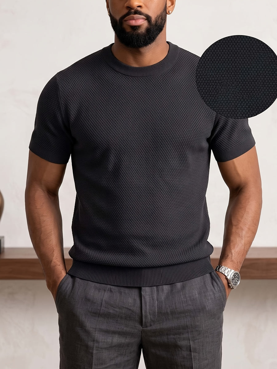 Men'S Easy Casual Short-Sleeve Knit Top, Made of Pure with Fine Mesh Texture, Skin-Friendly And Breathable, Relaxed Casual Style, Classic Versatile Design with Exquisite Details, Solid Color for a Warm And Easy Look - Black