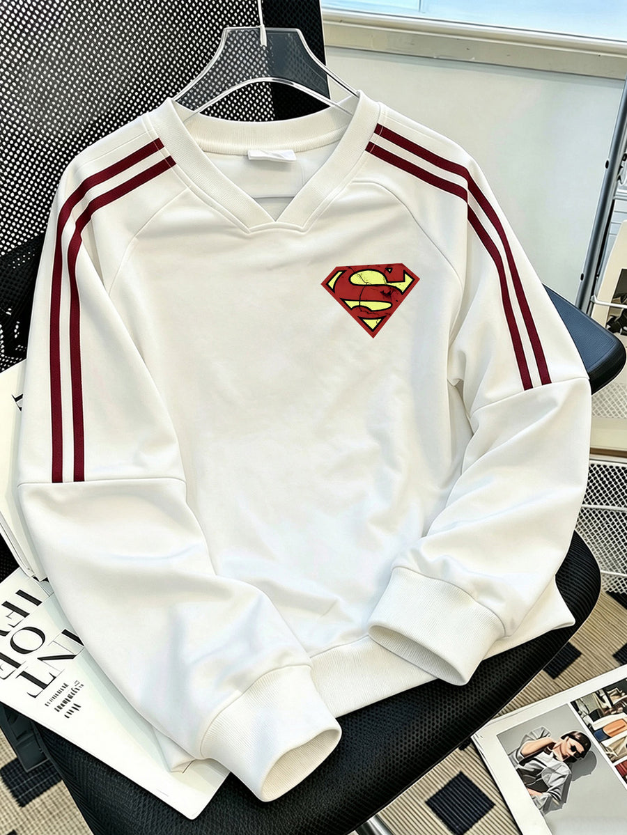 WB Warner Bros Officially Licensed Superman Retro Cracked 'S' Logo Hoodie - Men's & Women's V-Neck Pullover with Superman Vintage Print, Loose Fit, Machine Washable, Suitable for Autumn Winter Casual Wear - White