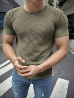 Men's Short-Sleeve Knitted Summer Fashion Jacquard Outerwear Casual Base Layer Solid Color High-Quality Top for Outings, Daily Wear, and Travel Clothing - Green