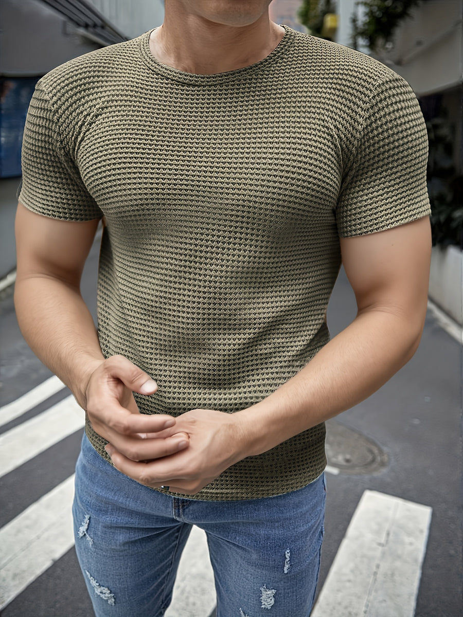 Men's Short-Sleeve Knitted Summer Fashion Jacquard Outerwear Casual Base Layer Solid Color High-Quality Top for Outings, Daily Wear, and Travel Clothing - Green