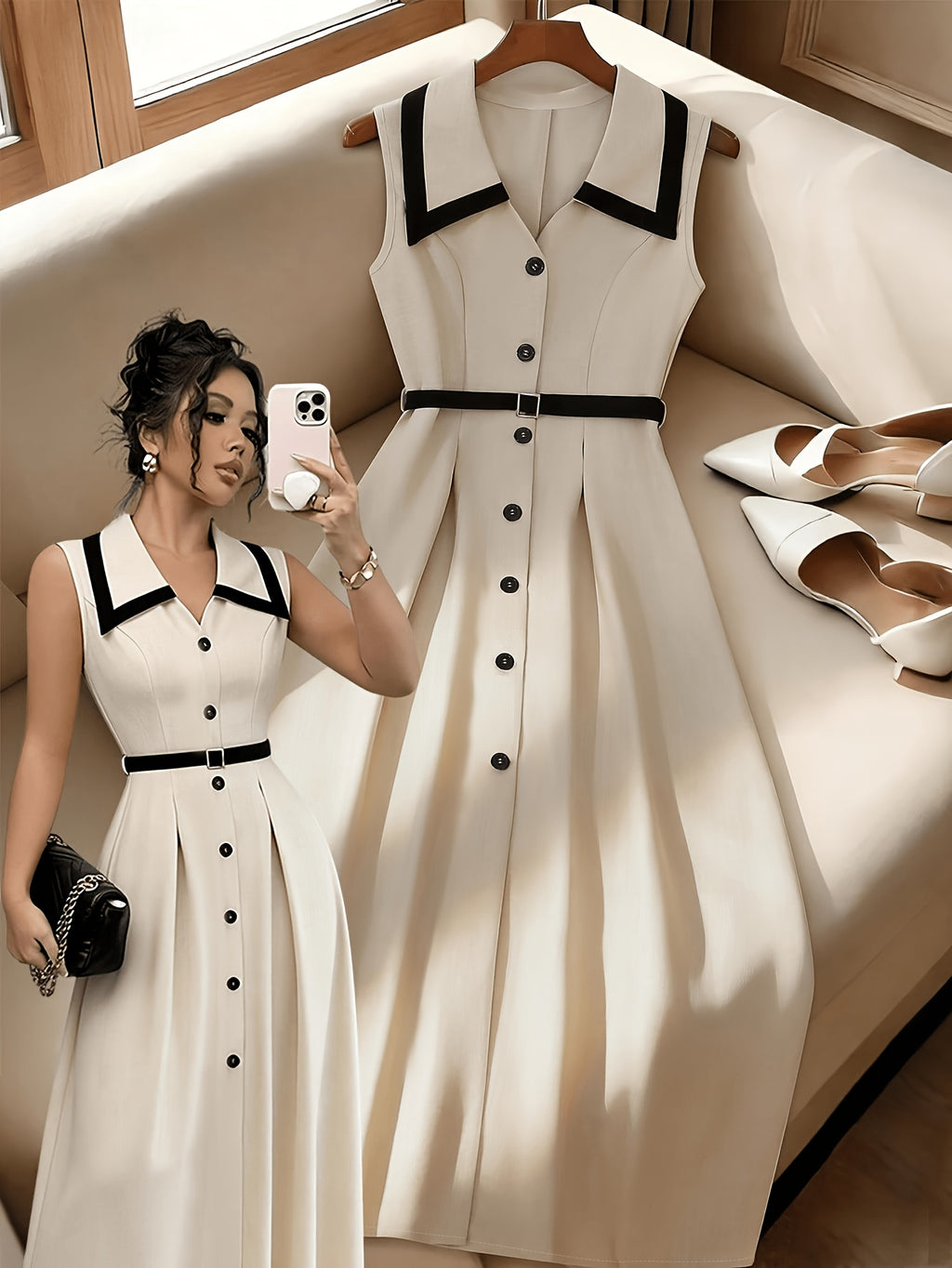 2026 New Style Elegant French Style Dress, Contrast Color Lapel Single-Breasted Waist-Cinching Sleeveless Midi Dress - Beige