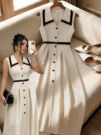 2026 New Style Elegant French Style Dress, Contrast Color Lapel Single-Breasted Waist-Cinching Sleeveless Midi Dress - Beige