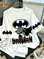 Official WB. Men's Short-sleeve T-shirt with Fun Cartoon Print Featuring the DC Batman Logo Character. Round-neck Top Suitable for Men's Casual Summer Daily Commutes, Home Wear, and Office Outfits - White