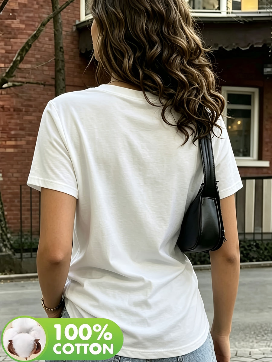 Women's Fashionable and Sexy V-Neck Short-Sleeve T-Shirt, a Versatile Regular Fit for Daily Commuting and Casual Wear. This Solid-color, Minimalist Basic Style Features Comfortable, Breathable Fabric as a Base Layer. Machine Washable and Suitable - White