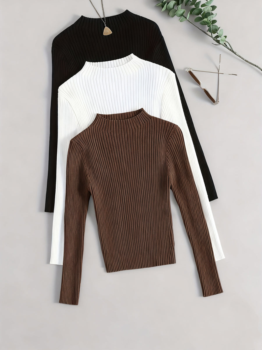 3pcs Set Stand Collar Ribbed Base Layer Stretch Plain Color Versatile Vintage - Mixed Color 3