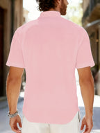 Men'S Stylish Polo Collar Linen Breathable Comfortable Casual Short-Sleeve Shirt - Pink Color