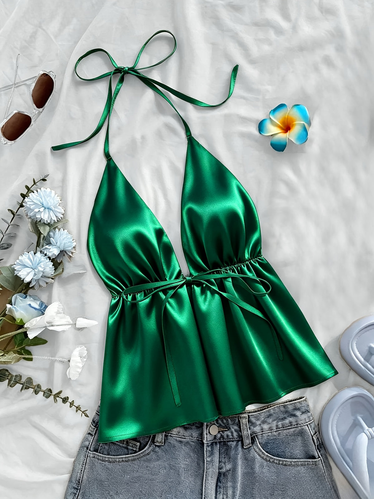 1pc Solid Color Spring Summer Beach Vacation Casual Satin Ruffled Cami Top - Green