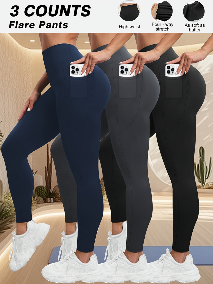 Plus Size - Plus Size - Set of 3 Plus-Size High-Waisted Tight Leggings for Women, Suitable for Outdoor And Workouts. The Fabric Is Highly Elastic, Providing Tummy Control And a Effect. Features Side Pockets for Phone Storage - 1 Black 1 Dark Gray 1 Navy Blue