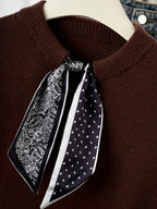 Gray Short-Sleeve Sweater with Scarf Bow Tie Collar - Round Neck Blouse-Compatible Suitable for Layering or Outerwear, Medium Stretch - Sweater for Commuting, Office & Casual Wear, Hand Washable Solid Color - Coffee Color