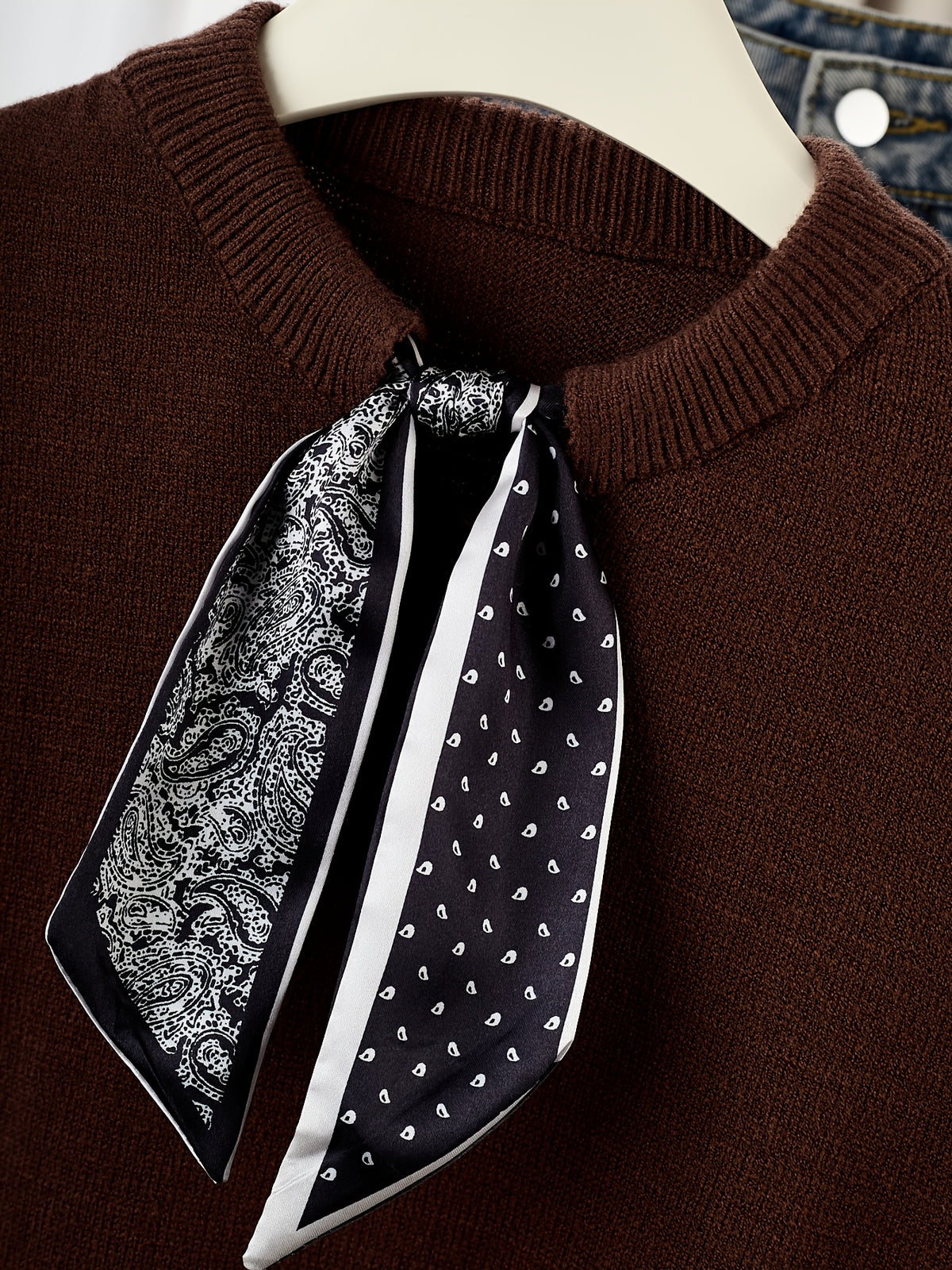 Gray Short-Sleeve Sweater with Scarf Bow Tie Collar - Round Neck Blouse-Compatible Suitable for Layering or Outerwear, Medium Stretch - Sweater for Commuting, Office & Casual Wear, Hand Washable Solid Color - Coffee Color