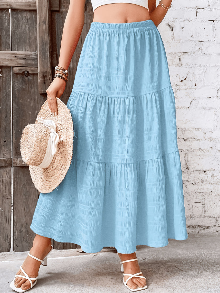 Elegant Solid Color Pleated Skirt for Vacation - Light Blue