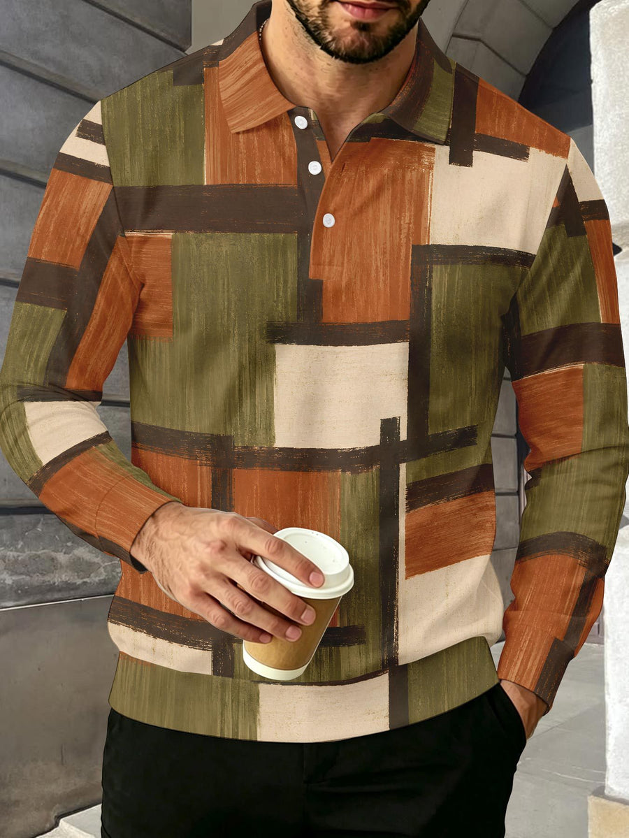Color-Block Men'S Long Sleeve Polo Shirt, Lapel 3-Button Casual Top, Oil Painting Block Plaid Contrast Print, Spring Autumn Business Commute Golf Versatile Men'S Wear, Teenager Men'S Birthday Holiday Surprise Gift - Multicolor A