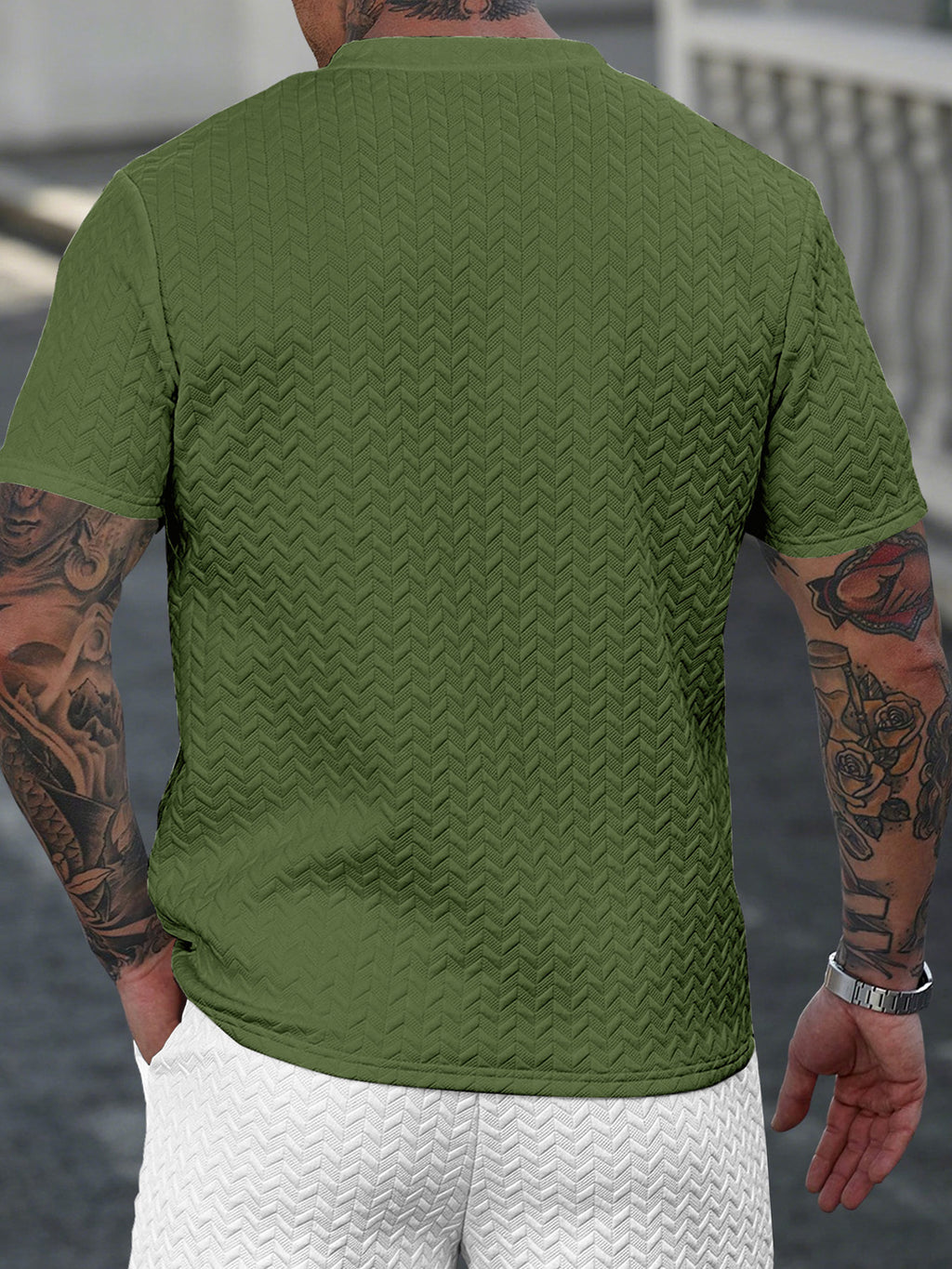 Men's Summer Casual Textured Short-Sleeve T-Shirt, Breathable Textured Jacquard Crew Neck Henley Shirt with Buttons, Regular Fit Suitable for Outdoor and Daily Wear, Men's Textured Short-Sleeve Henley Shirt - Army Green