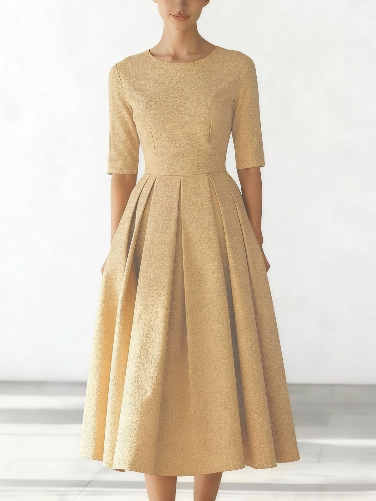 New Elegant Round Neck Mid-Sleeve Waist-Cinched Pleated A-Line Flared Dress for Women, Simple Solid Color Commuting Business Daily Banquet Wedding Guest Temperament Midi Dress - Khaki