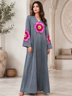 European and American Middle Eastern Traditional Robe for Women with Floral Embroidery, Stand-Up Collar, Long Sleeves, Loose Fit, Long Dress, Elegant Muslim Women's Clothing - Dark Gray