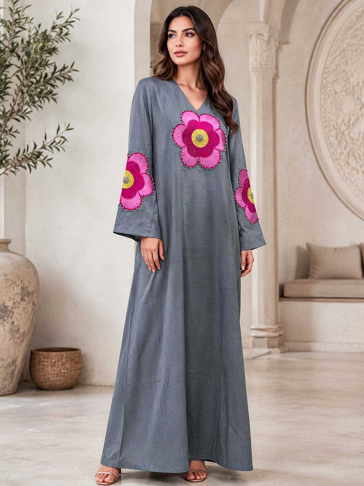 European and American Middle Eastern Traditional Robe for Women with Floral Embroidery, Stand-Up Collar, Long Sleeves, Loose Fit, Long Dress, Elegant Muslim Women's Clothing - Dark Gray